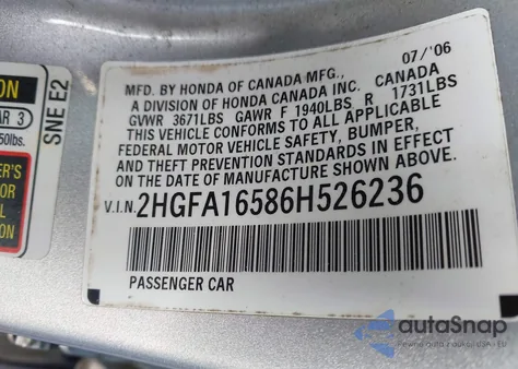 2006 Honda Civic Lx z USA, uszkodzony, nr VIN 2HGFA16586H526236